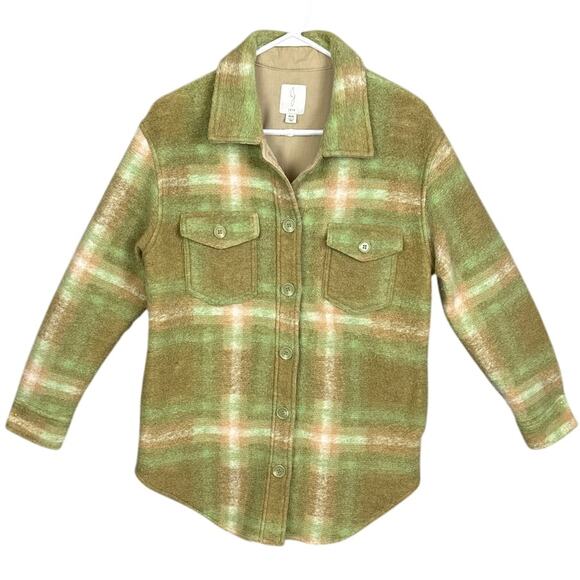 Joie Women's Plaid Fleece Shacket Green Shades Round Hem Pockets Size M Fall - Picture 1 of 7